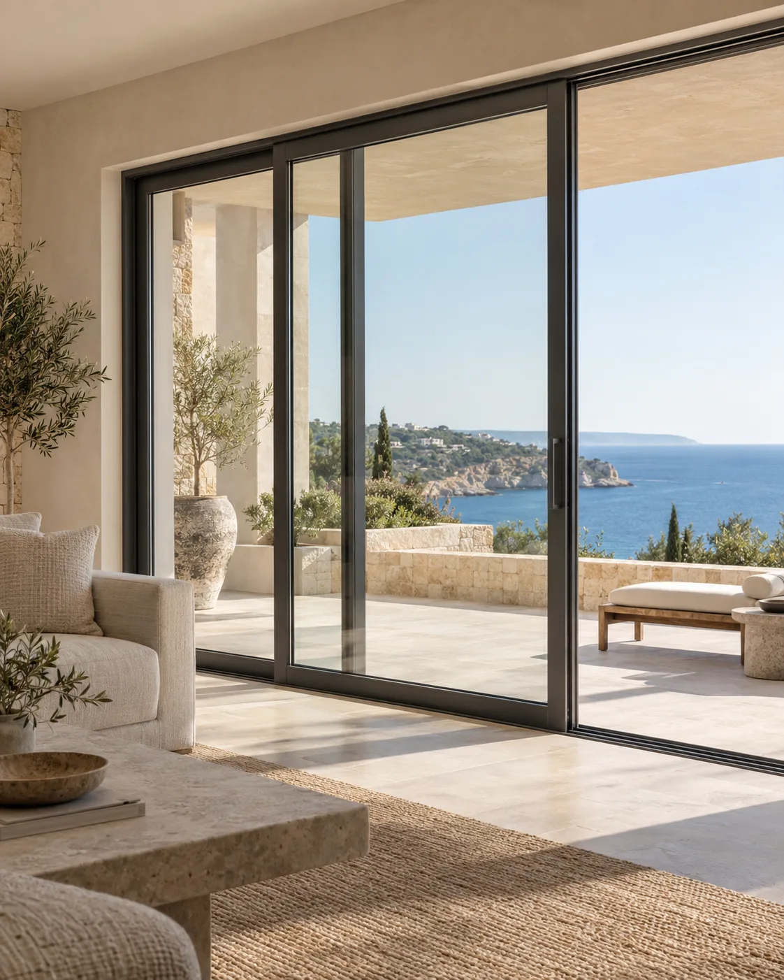 Hero photo — sunlit villa interior with large sliding doors to the sea